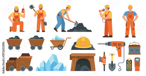 Miners and mining elements vector set, cartoon characters in overalls and hard hats with lanterns, carts of coal and gold, cave tunnels, and rock-breaking tools, tidy flat illustrations for mining