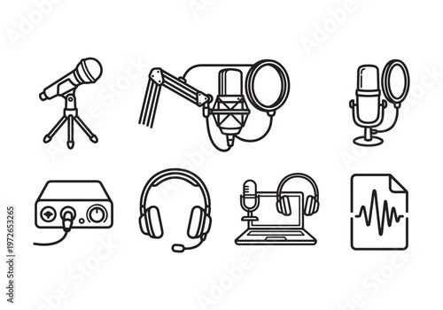 Collection of podcasting and audio recording equipment icons, featuring microphones on stands, boom arms, pop filters, headphones, audio interfaces, laptops with microphones