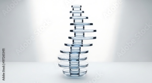 Abstract glass sculpture with layered segments a modern artistic object for interior design and conceptual backgrounds isolated on a clean studio setting