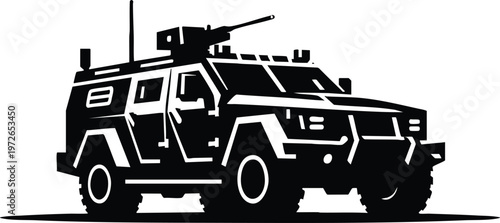 Armored tactical vehicle with mounted machine black silhouette illustration for military or security concepts isolated on white isolated on white background