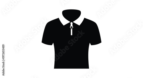 A stark black silhouette depicts a short sleeved polo shirt with a prominent zipper illustrating modern fashion silhouette