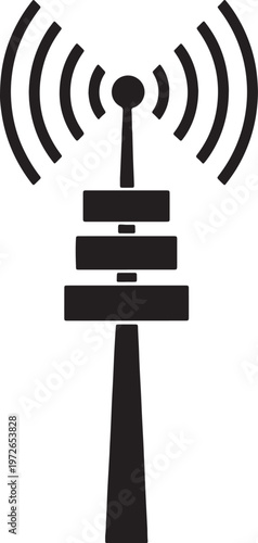 Black and white silhouette of a telecommunication tower with signal waves also transparent background