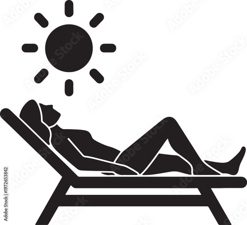 Black and white silhouette of person relaxing on lounge chair under the sun also transparent background