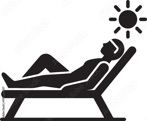 Black and white silhouette of a person relaxing on a sun lounger under a sun also transparent background