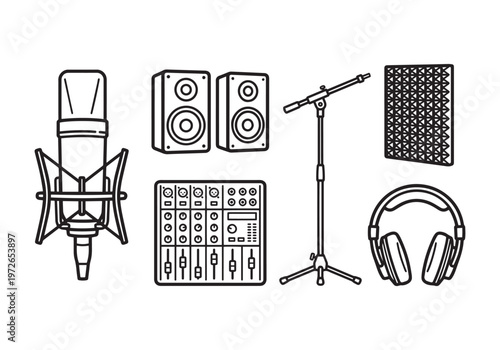 Collection of professional audio recording equipment icons, including a condenser microphone with shock mount, studio monitor speakers, a compact audio mixer, a microphone