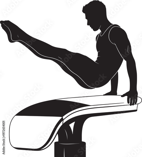 Silhouette of a gymnast performing a split leap on a pommel horse also transparent background athletic