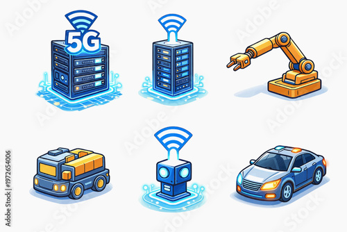 Isometric 5g smart technology icon set featuring connected servers autonomous bus robotic arm wireless hub and car for internet of things automation network and futuristic mobility