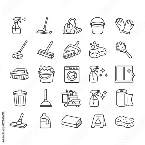 Collection of cleaning tools icons: vacuum, mop, sponge, gloves, detergent.