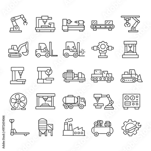 Industrial equipment icons: robotics, conveyor belts, machinery, forklifts, factory symbols.