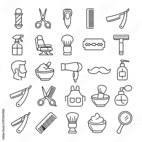Barber shop icon set: tools and symbols for haircare and grooming.