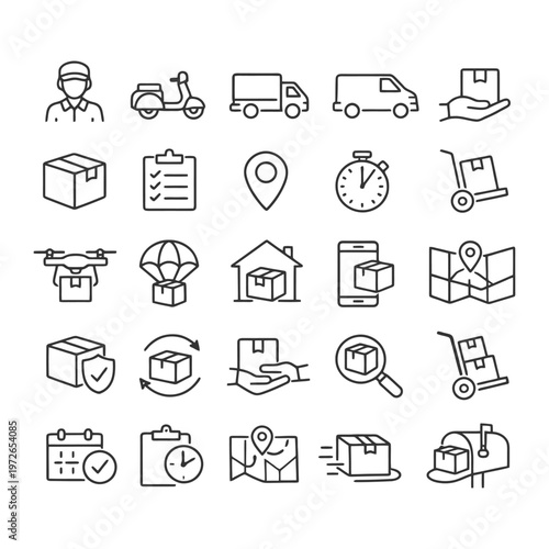 Delivery icons set: package, transport, tracking, logistics, shipping.