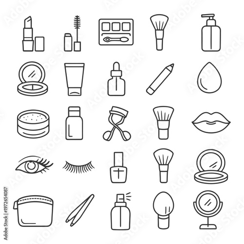 Outline icons of makeup and cosmetic tools including lipstick, brushes, and mirror.