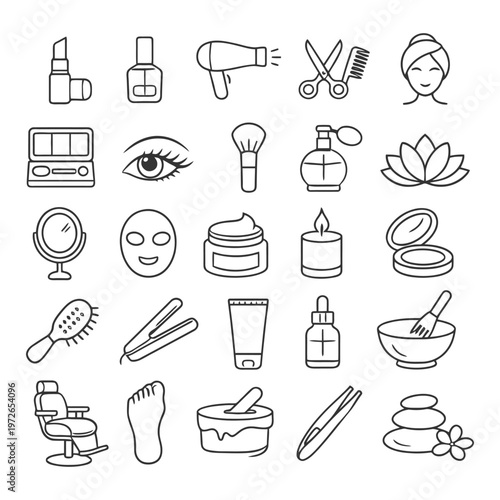Outline icons of beauty and self-care tools and products.