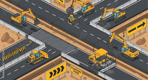 Heavy road construction machinery at intersection.