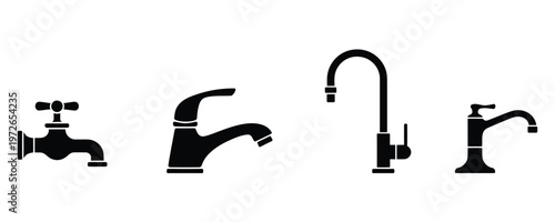 Four Different Faucet Silhouettes on White Background