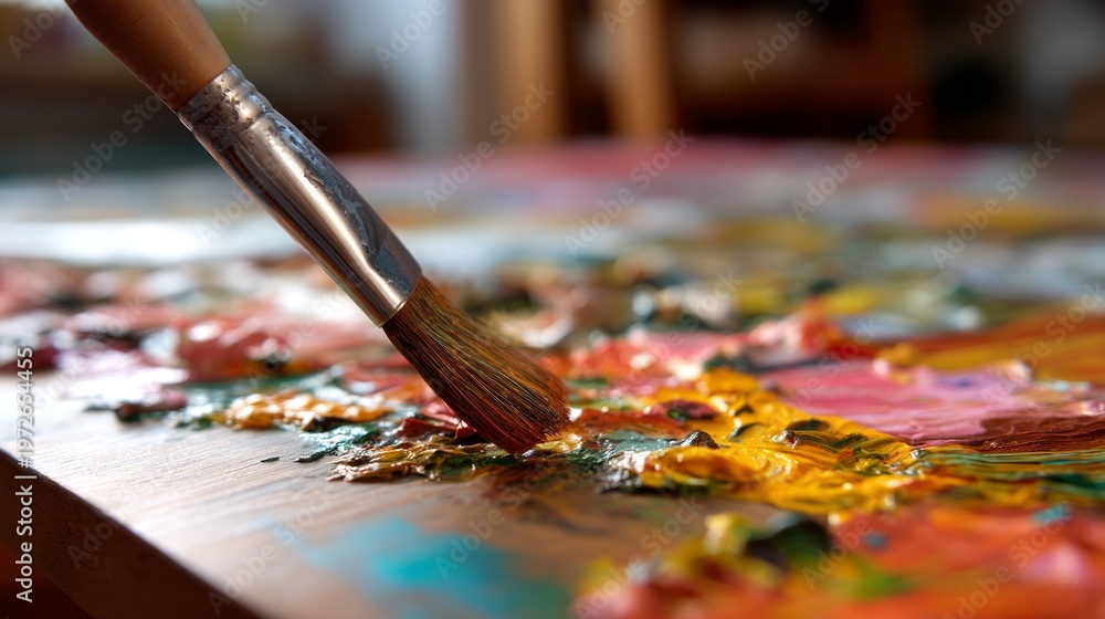 Fototapeta premium Oil Paintbrush Spreading Thick Paint Across Colorful Canvas Texture