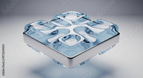 Abstract snowflake emblem with metallic frame modern crystal design element for winter holidays and branding isolated on gradient background