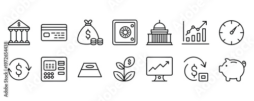 Financial icons set including banking, Money, And investment symbols