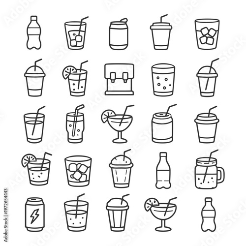 Assorted drink icons collection featuring sodas juices and cocktails.