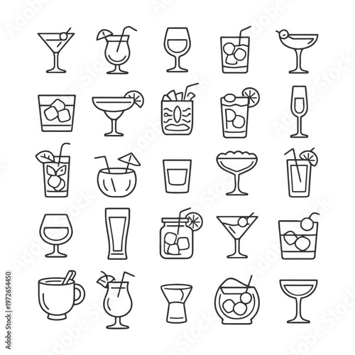 Outline icons of various cocktails and drinks in minimalist style.
