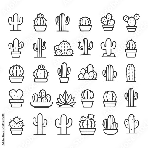 Collection of various cactus icon designs in line art style.