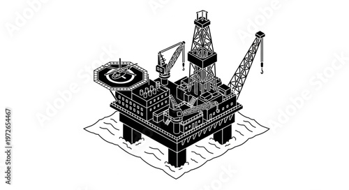 Illustrated offshore oil drilling platform with derrick tower.