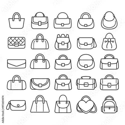 Collection of handbag icons featuring various styles and designs.