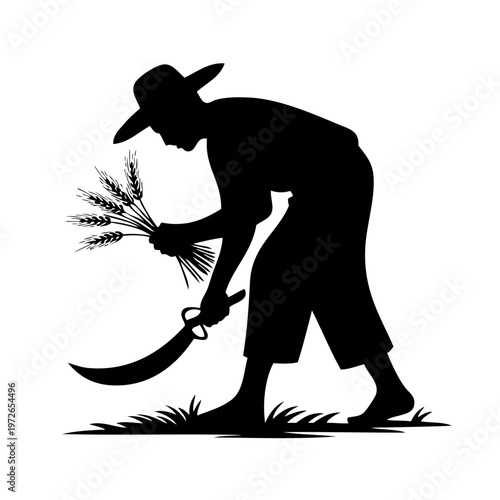 farmer harvesting wheat with sickle silhouette