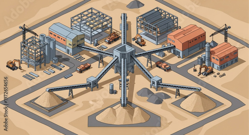 Industrial aggregate processing plant with conveyor and crusher.