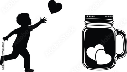 Child silhouette reaching heart, love symbol vector, affection illustration, emotional connection artwork, family care design, compassion silhouette, giving and receiving love