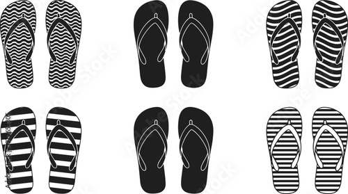 Set of black and white flip-flops with wavy and striped patterns on transparent background.