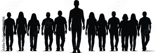 Leadership silhouettes, teamwork unity, diverse group walking forward, business concept vector art, individuality within collective, corporate success illustration, people collaboration silhouettes
