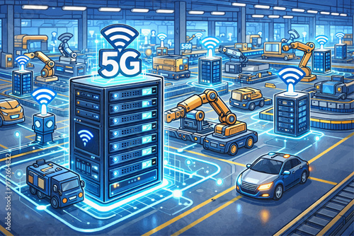 Futuristic five g smart warehouse with connected servers robots autonomous vehicles and real time data links illustrating industrial automation fast logistics internet of things and mobility networks
