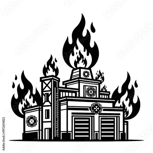 Burning Fire Station Building Vector Illustration
