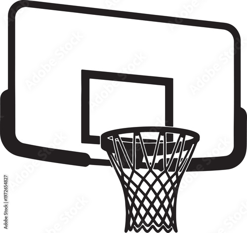 Black and white basketball hoop with net attached to a backboard also transparent background sports