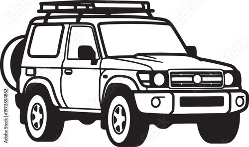 Black and white of a rugged off-road s u v with roof rack and spare tire also transparent background