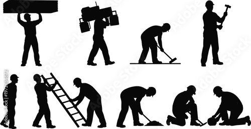 Silhouette construction workers, teamwork labor, industrial job site, heavy lifting tools, building teamwork, manual labor silhouettes, construction industry vector art