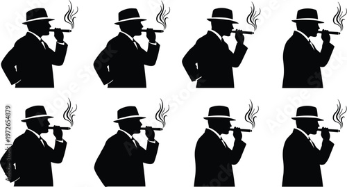 Man silhouette smoking cigar, fedora hat illustration, vintage gangster style vector, blue smoke artwork, retro fashion design, repetitive pattern silhouettes