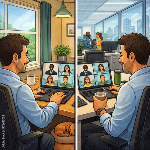 Illustration of professional working from home during online team meeting on laptop with coffee in cozy office and city view showing remote collaboration video conference and hybrid business life