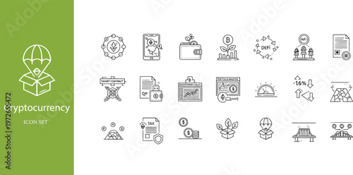 Cryptocurrency DeFi Airdrop and Digital Asset Portfolio Management Line Icon Set