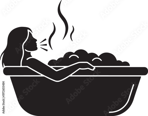 Silhouette of a woman relaxing in a hot bath with steam rising also transparent background