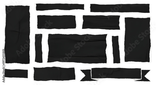 Set of grunge jagged rectangle shapes. Torn paper frames collection. Black ripped paper banner shapes.
