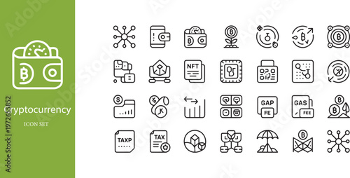 Cryptocurrency Financial Management and Digital Asset Transaction Line Icon Set