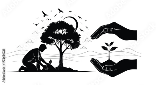 Man planting a young tree while caring hands hold a seedling for environmental conservation and growth