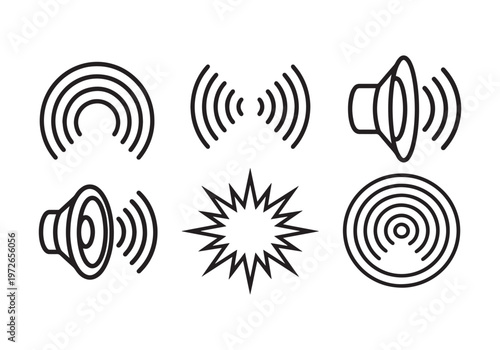 Collection of six distinct line art icons representing sound waves, audio signals, and speaker volume, perfect for digital interfaces, presentations, and multimedia applications,