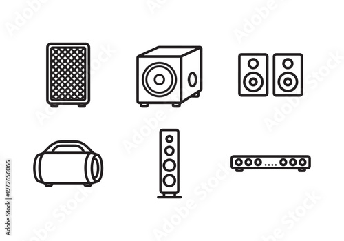 Collection of six distinct line art icons representing various audio speaker systems and sound equipment, perfect for digital media, technology, and music-related designs, showcasing versatility