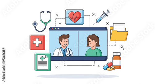 Friendly doctor providing online medical consultation to a patient through a virtual video call interface screen