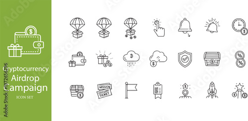 Cryptocurrency Airdrop Campaign and Digital Reward Distribution Outline Icons