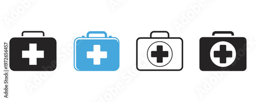 Four different first aid kit icons in various colors and designs on white background