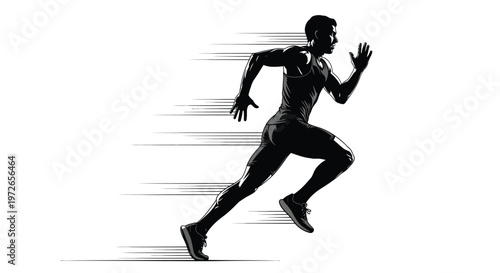 Strong male sprinter in silhouette illustration, running with speed and motion lines against a plain white background.
